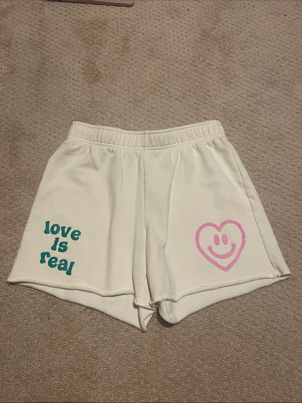 PacSun White Lounge Shorts with Teal 'love is real' Text & Pink Heart